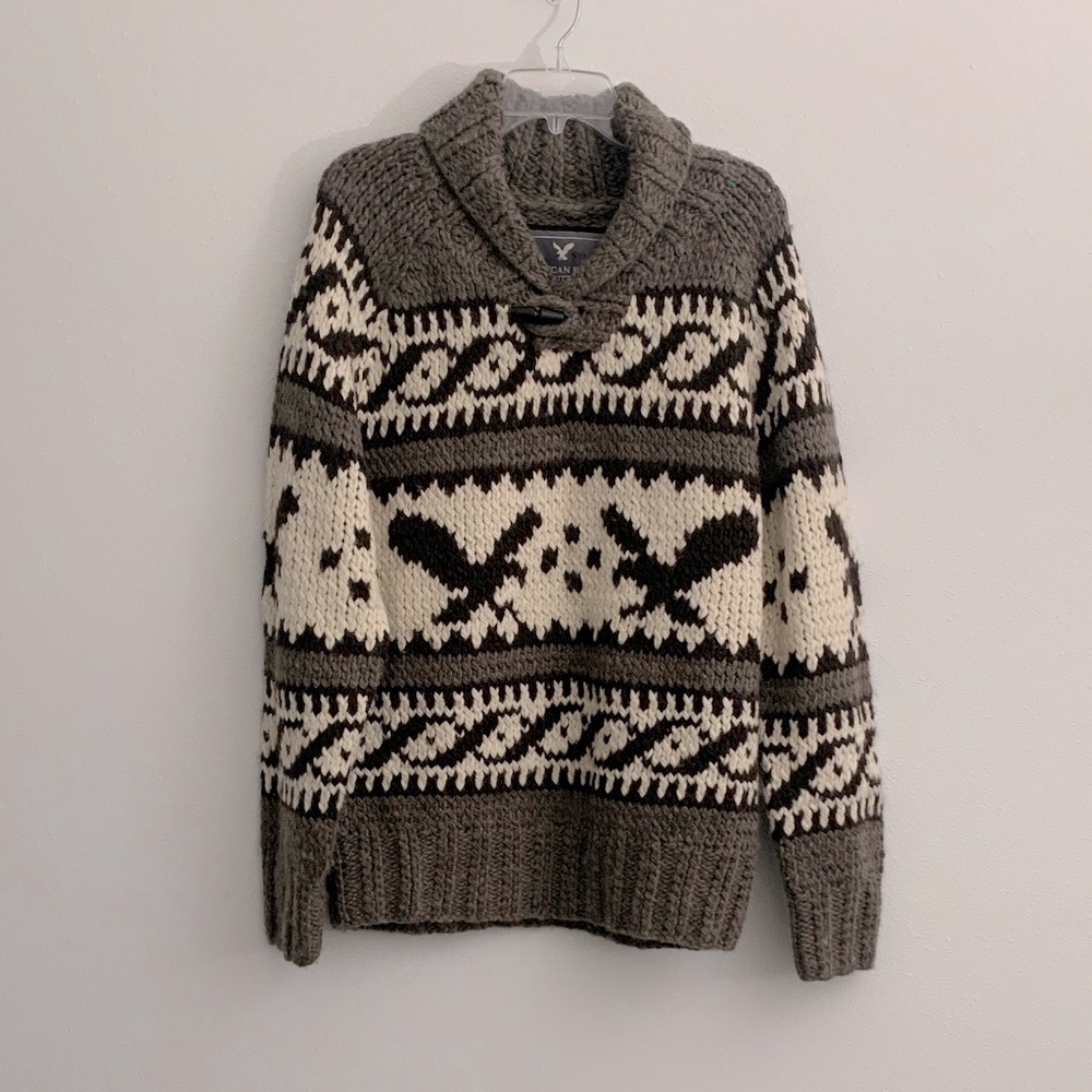 AMERICAN Eagle Outfitters Men's Chunky Sweater in Brown and Cream Size L